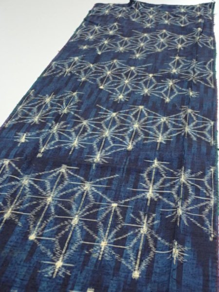 Photo3: 3K05z60  Japanese Kimono Silk TSUMUGI FABRIC Asanoha Dark navy 58.3x14.2 (3)