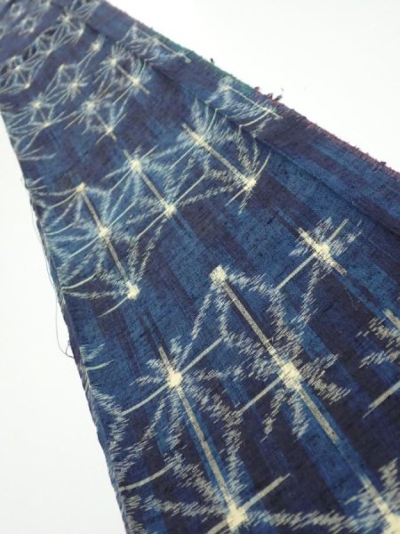 Photo1: 3K08z  Japanese Kimono Silk TSUMUGI FABRIC Asanoha Dark navy (1)