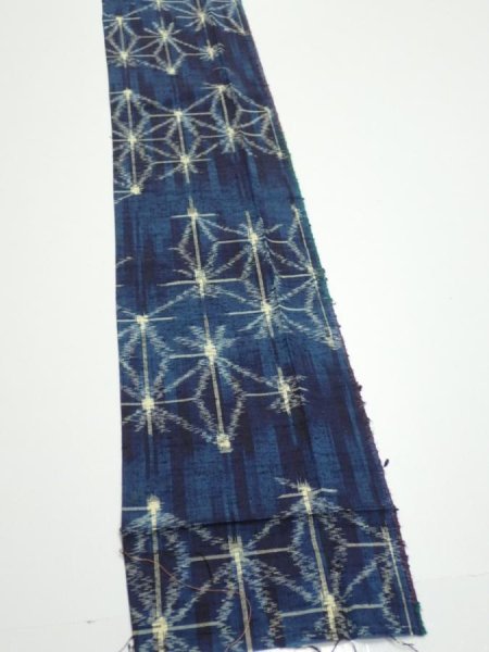 Photo2: 3K09z40  Japanese Kimono Silk TSUMUGI FABRIC Asanoha Dark navy 78.7x6.7 (2)
