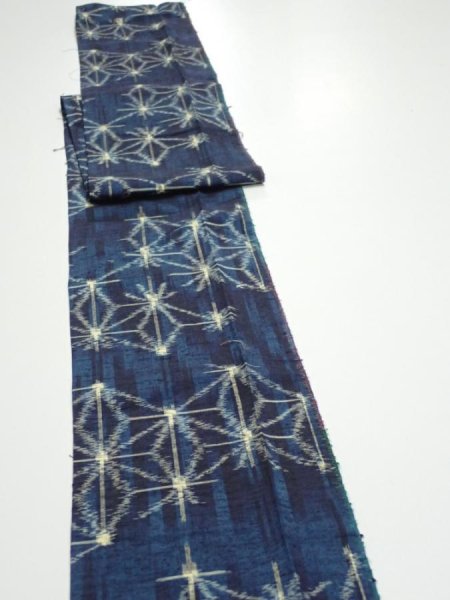 Photo3: 3K09z40  Japanese Kimono Silk TSUMUGI FABRIC Asanoha Dark navy 78.7x6.7 (3)