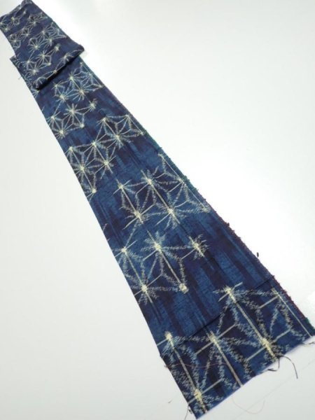 Photo5: 3K09z40  Japanese Kimono Silk TSUMUGI FABRIC Asanoha Dark navy 78.7x6.7 (5)