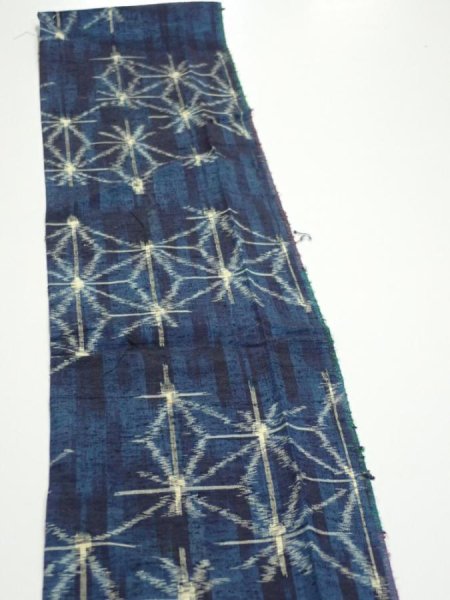 Photo2: 3K10z20  Japanese Kimono Silk TSUMUGI FABRIC Asanoha Dark navy 38.6x6.7 (2)