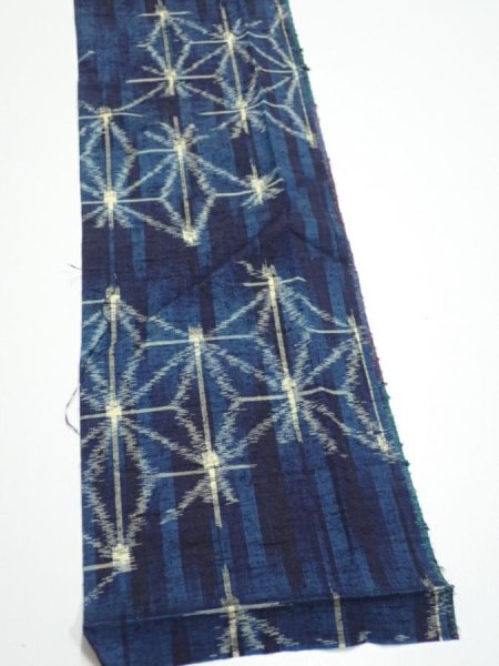 Photo3: 3K10z20  Japanese Kimono Silk TSUMUGI FABRIC Asanoha Dark navy 38.6x6.7 (3)