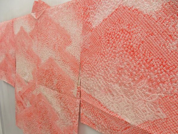 Photo2: 5509T02z400 Vintage Japanese Kimono Silk SHIBORI HAORI Mountain Coral pink (2)