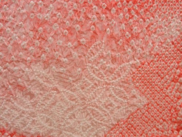 Photo4: 5509T02z400 Vintage Japanese Kimono Silk SHIBORI HAORI Mountain Coral pink (4)