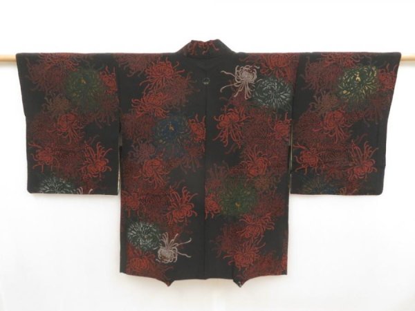 Photo1: 5509T03z760 Vintage Japanese Kimono Silk HAORI Chrysanthemum Black (1)