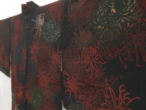 Photo2: 5509T03z760 Vintage Japanese Kimono Silk HAORI Chrysanthemum Black (2)