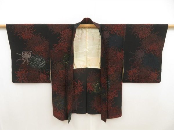 Photo6: 5509T03z760 Vintage Japanese Kimono Silk HAORI Chrysanthemum Black (6)