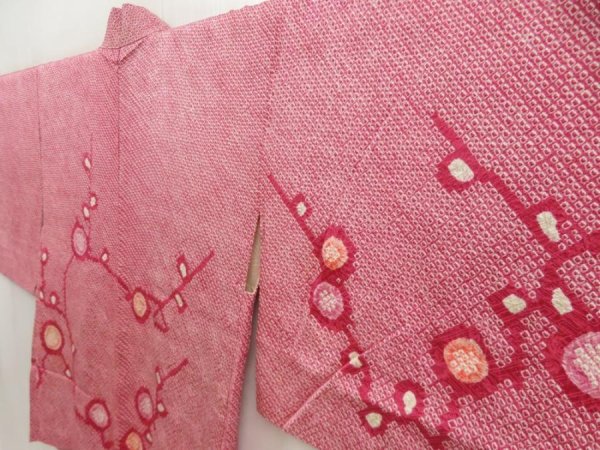 Photo2: 5509T04z400 Vintage Japanese Kimono Silk SHIBORI HAORI Plum branch Dark pink (2)