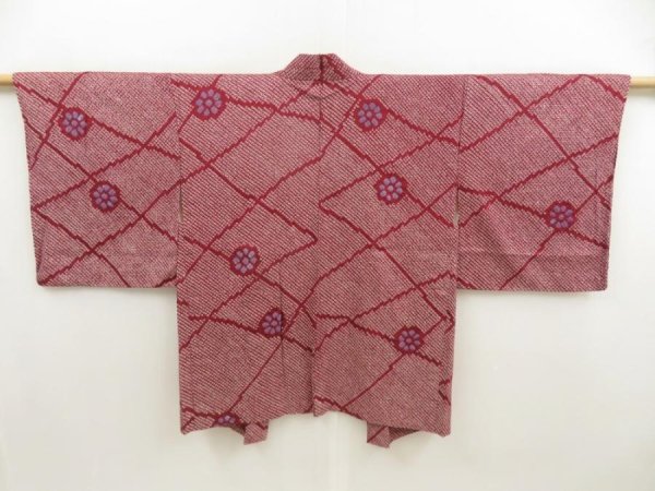 Photo1: 5509T06z440 Vintage Japanese Kimono Silk SHIBORI HAORI Flower Purple-Brown (1)