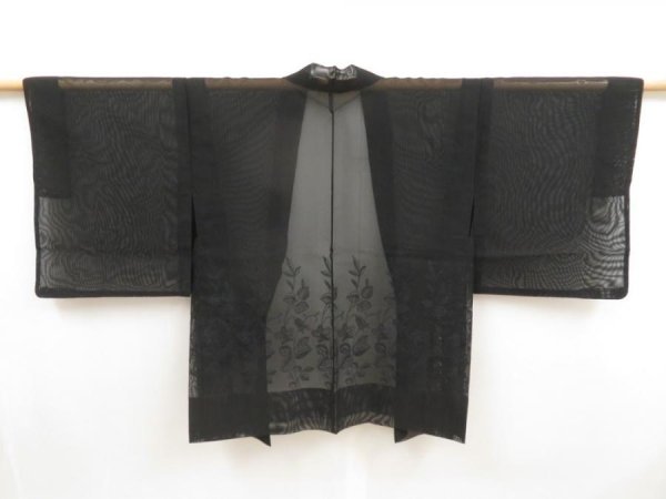 Photo1: 5509T09z210 Vintage Japanese Kimono Silk See through HAORI Flower Black (1)