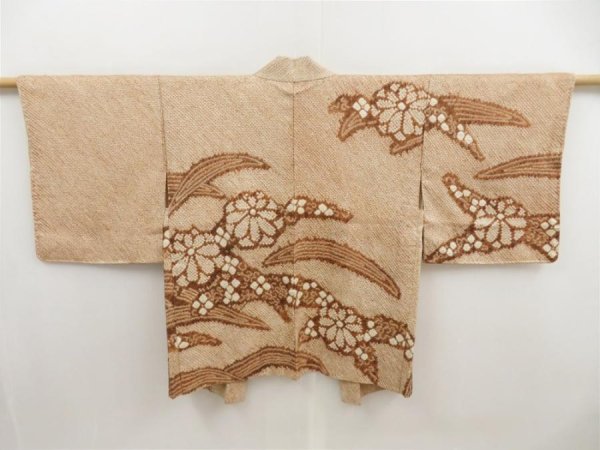 Photo1: 5509T10z480 Vintage Japanese Kimono Silk SHIBORI HAORI Flower Light brown (1)