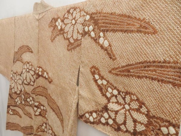 Photo2: 5509T10z480 Vintage Japanese Kimono Silk SHIBORI HAORI Flower Light brown (2)