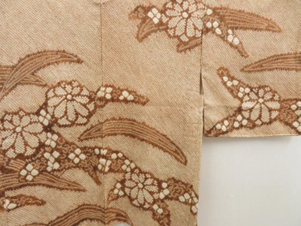 Photo3: 5509T10z480 Vintage Japanese Kimono Silk SHIBORI HAORI Flower Light brown (3)