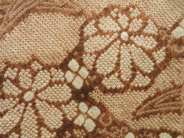 Photo4: 5509T10z480 Vintage Japanese Kimono Silk SHIBORI HAORI Flower Light brown (4)