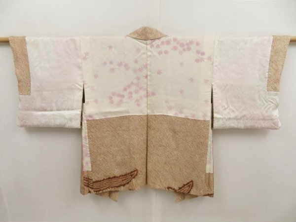 Photo6: 5509T10z480 Vintage Japanese Kimono Silk SHIBORI HAORI Flower Light brown (6)