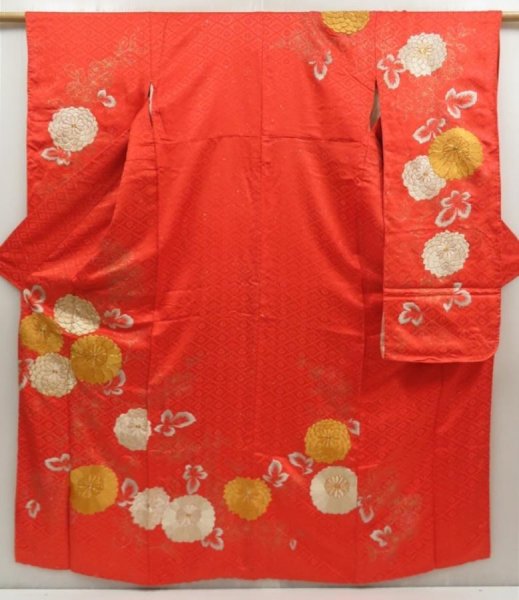 Photo1: 5509T11z1020 Vintage Japanese Kimono Silk FURISODE Tomato red (1)