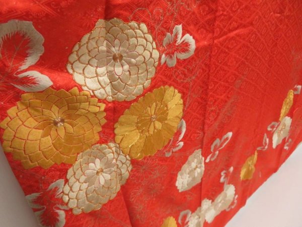 Photo3: 5509T11z1020 Vintage Japanese Kimono Silk FURISODE Tomato red (3)