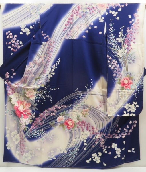 Photo1: 5509T12z1120 Vintage Japanese Kimono Silk FURISODE Flowers Dark lavender blue (1)