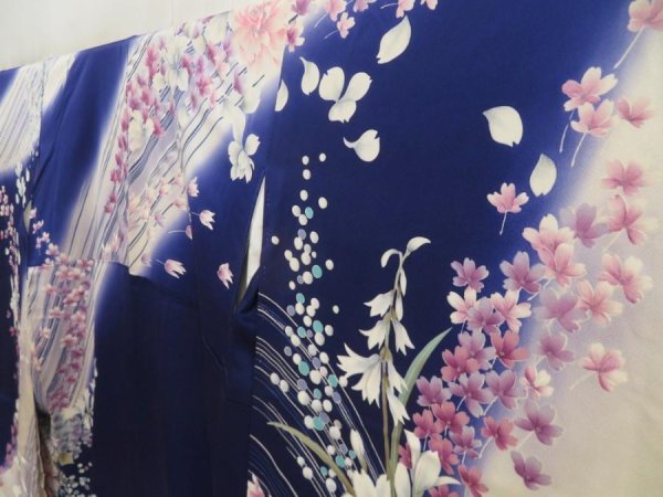 Photo2: 5509T12z1120 Vintage Japanese Kimono Silk FURISODE Flowers Dark lavender blue (2)