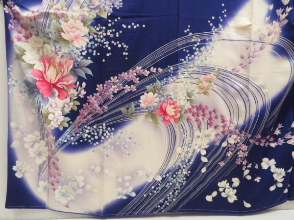 Photo3: 5509T12z1120 Vintage Japanese Kimono Silk FURISODE Flowers Dark lavender blue (3)