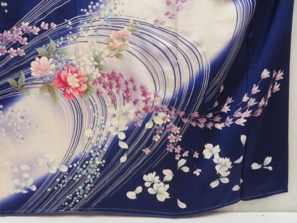 Photo5: 5509T12z1120 Vintage Japanese Kimono Silk FURISODE Flowers Dark lavender blue (5)