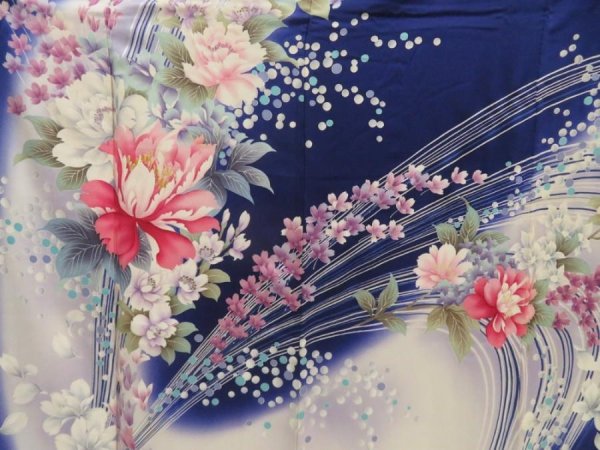 Photo6: 5509T12z1120 Vintage Japanese Kimono Silk FURISODE Flowers Dark lavender blue (6)