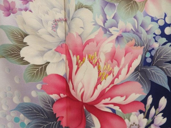 Photo7: 5509T12z1120 Vintage Japanese Kimono Silk FURISODE Flowers Dark lavender blue (7)
