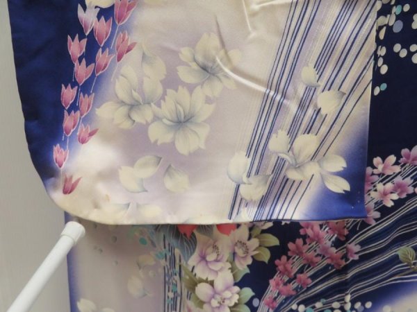 Photo8: 5509T12z1120 Vintage Japanese Kimono Silk FURISODE Flowers Dark lavender blue (8)