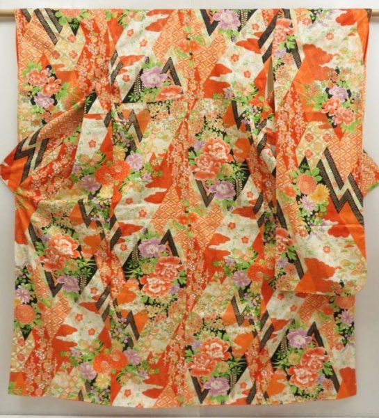 Photo1: 5509T13z1100 Vintage Japanese Kimono Silk FURISODE Peony Dark orange (1)