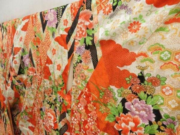 Photo2: 5509T13z1100 Vintage Japanese Kimono Silk FURISODE Peony Dark orange (2)