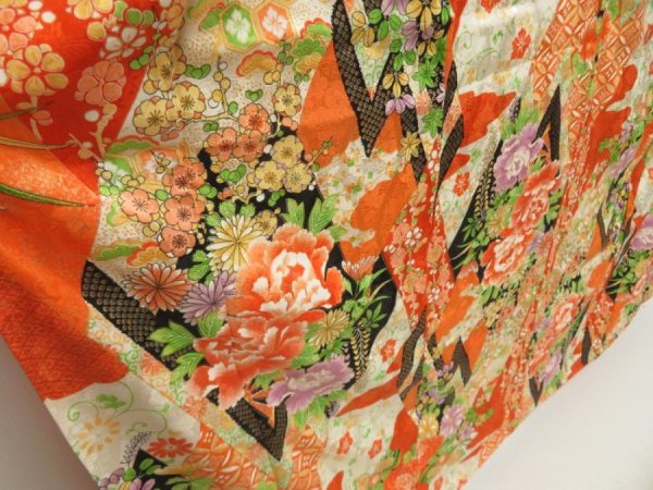 Photo3: 5509T13z1100 Vintage Japanese Kimono Silk FURISODE Peony Dark orange (3)