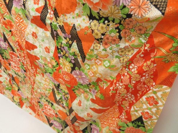 Photo4: 5509T13z1100 Vintage Japanese Kimono Silk FURISODE Peony Dark orange (4)