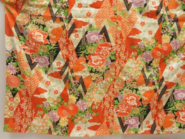 Photo5: 5509T13z1100 Vintage Japanese Kimono Silk FURISODE Peony Dark orange (5)
