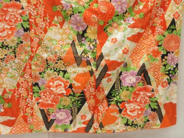 Photo7: 5509T13z1100 Vintage Japanese Kimono Silk FURISODE Peony Dark orange (7)