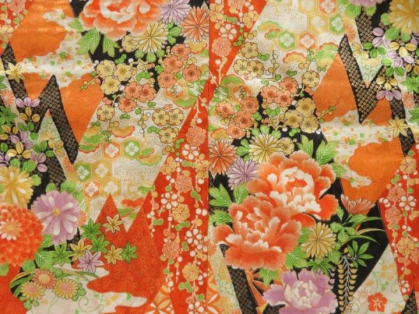 Photo8: 5509T13z1100 Vintage Japanese Kimono Silk FURISODE Peony Dark orange (8)