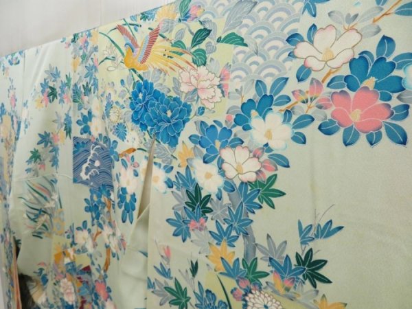 Photo2: 5509T14z1140 Vintage Japanese Kimono Silk FURISODE Bird Light blue (2)