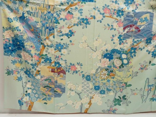 Photo3: 5509T14z1140 Vintage Japanese Kimono Silk FURISODE Bird Light blue (3)