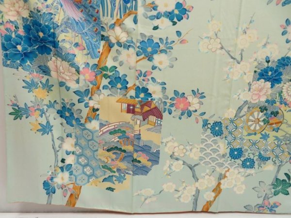 Photo4: 5509T14z1140 Vintage Japanese Kimono Silk FURISODE Bird Light blue (4)