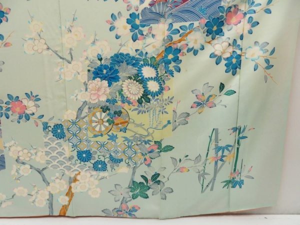 Photo5: 5509T14z1140 Vintage Japanese Kimono Silk FURISODE Bird Light blue (5)