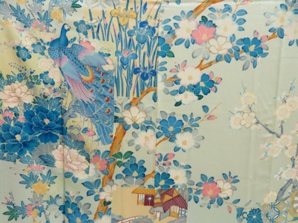 Photo6: 5509T14z1140 Vintage Japanese Kimono Silk FURISODE Bird Light blue (6)