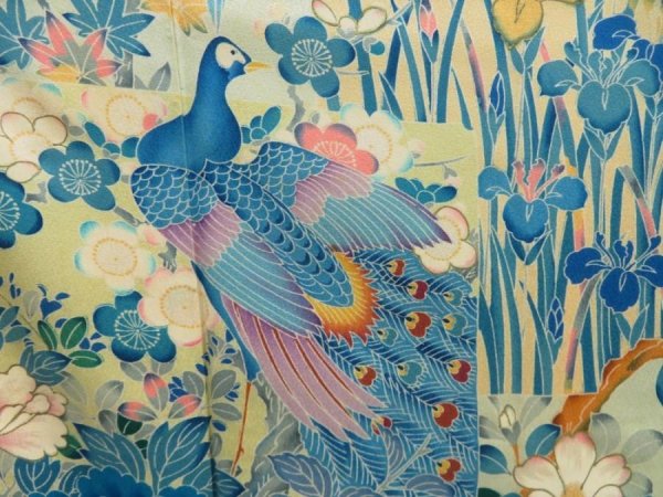 Photo7: 5509T14z1140 Vintage Japanese Kimono Silk FURISODE Bird Light blue (7)