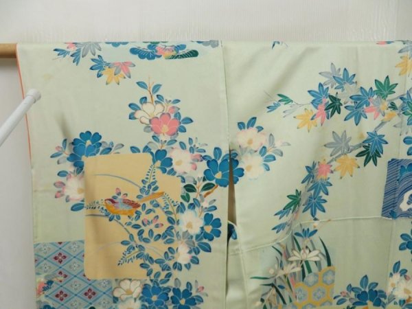 Photo8: 5509T14z1140 Vintage Japanese Kimono Silk FURISODE Bird Light blue (8)