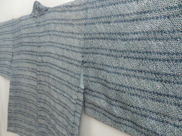 Photo2: 5510T01z450 Vintage Japanese Kimono Silk SHIBORI HAORI  Blue-Gray (2)