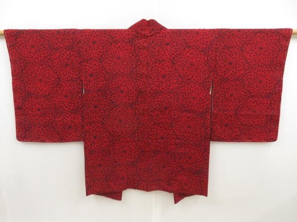 Photo1: 5510T02z440 Vintage Japanese Kimono Silk HAORI Chrysanthemum Dark red (1)