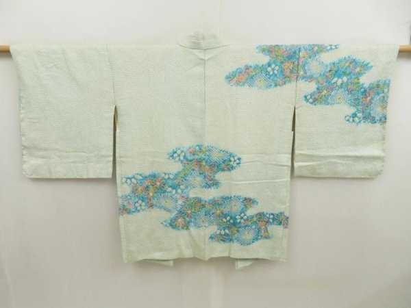 Photo1: 5510T04z550 Vintage Japanese Kimono Silk SHIBORI HAORI Flower Soft green (1)