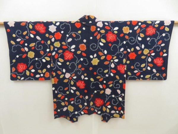 Photo1: 5510T05z610 Vintage Japanese Kimono Silk HAORI Maple Dark navy (1)