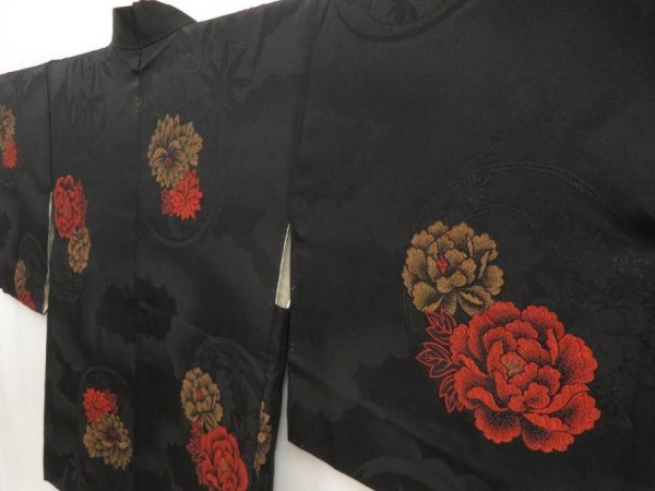 Photo1: 5510T06z530 Vintage Japanese Kimono Silk HAORI Peony Black (1)
