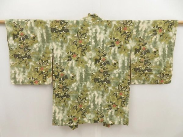 Photo1: 5510T07z610 Vintage Japanese Kimono Silk HAORI Flowers Olive green (1)