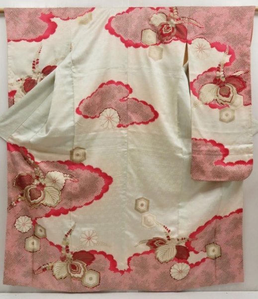 Photo1: 5510T12z830 Vintage Japanese Kimono Silk FURISODE Paulownia Off-white (1)